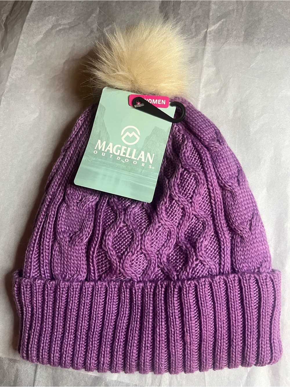 Magellan Outdoors Purple Knit Pom-Pom Beanie with Cream Faux Fur